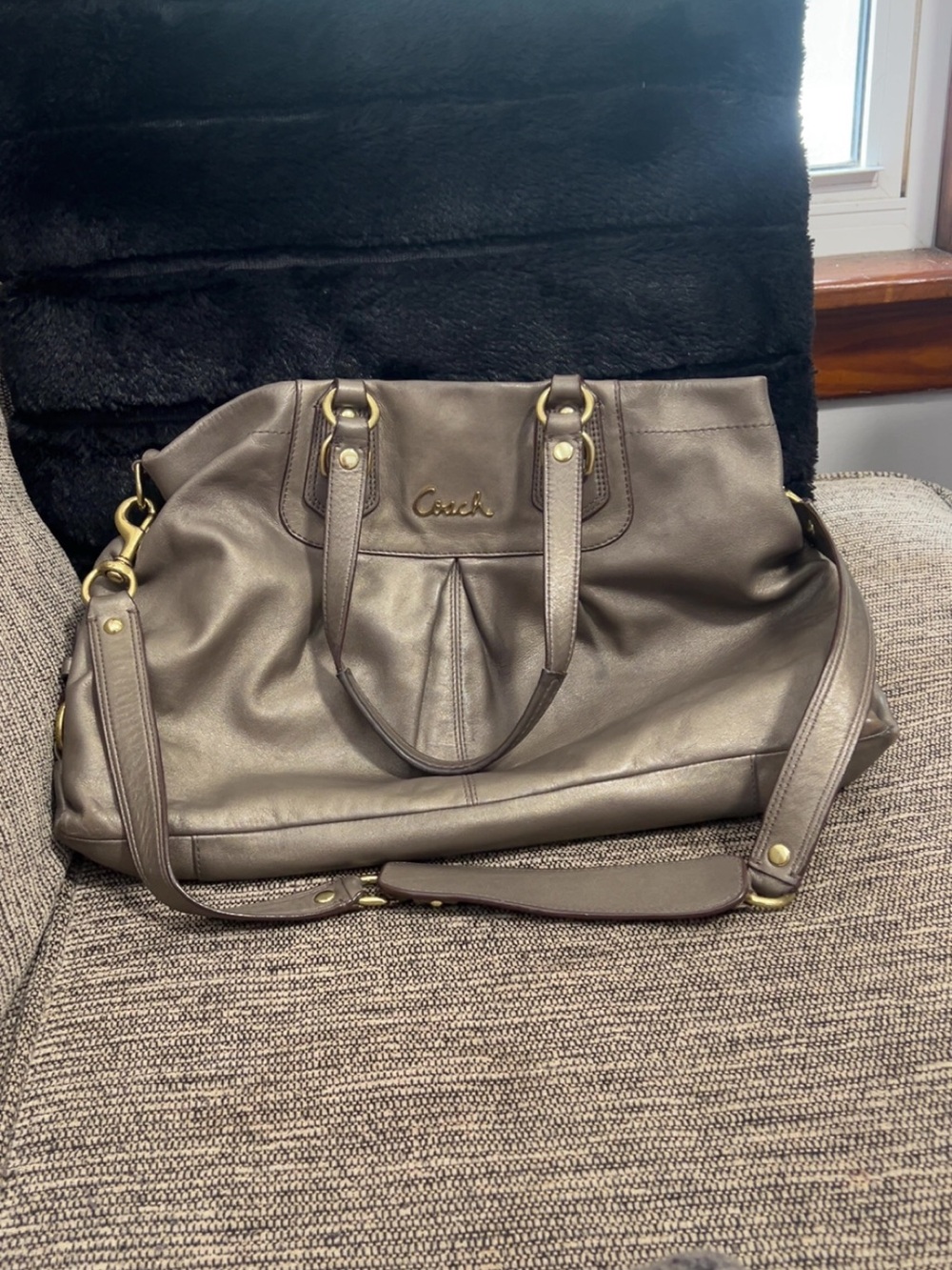 Coach Leather Shoulder Bag in Taupe Brown with Gold Hardware